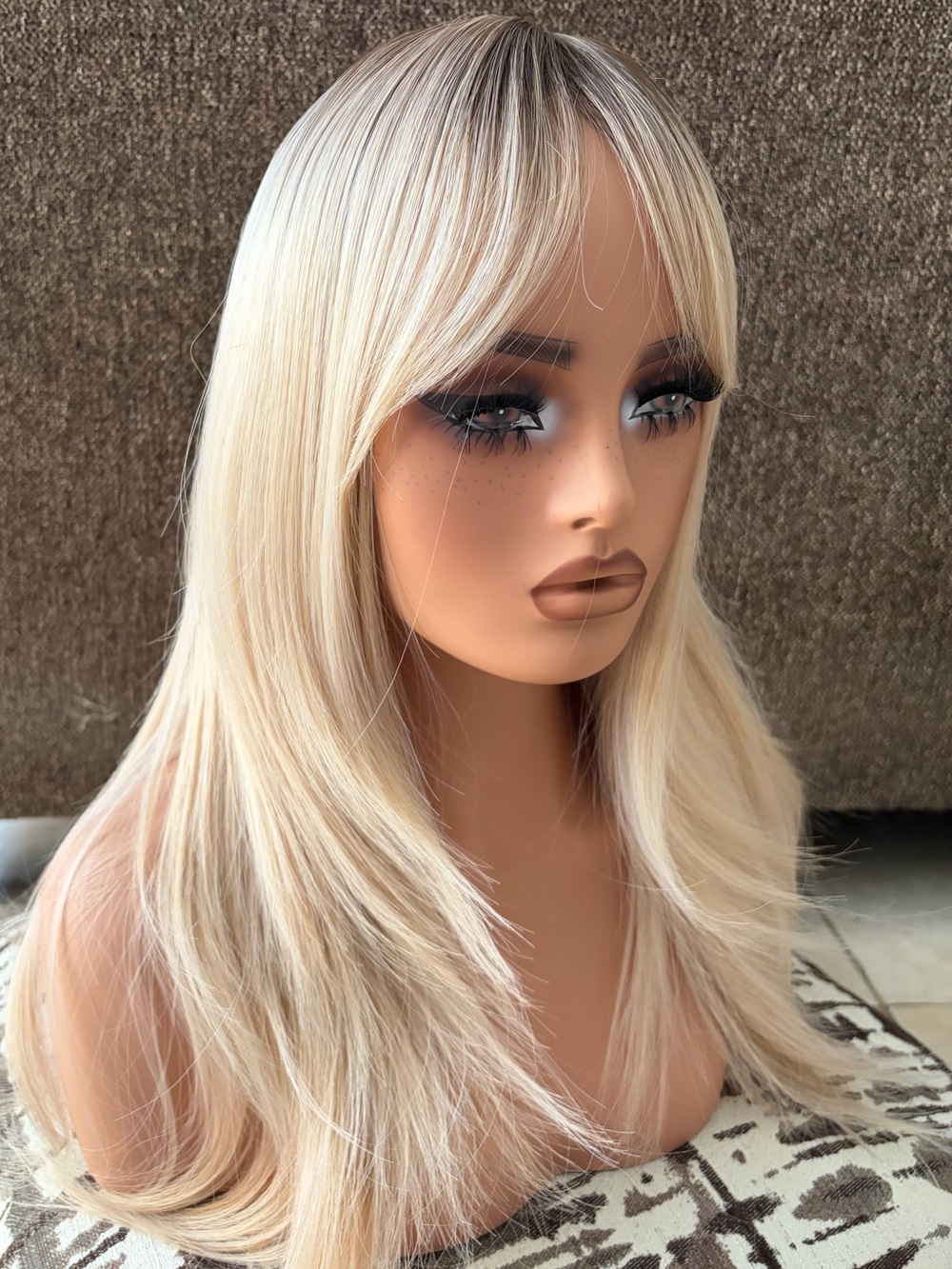 Blonde Layered Wig with Bangs 24” in - dark roots